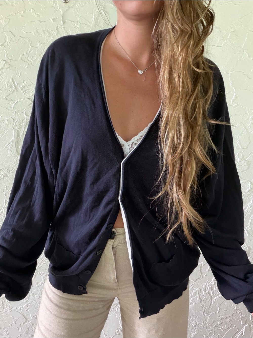 Vintage Burberry Navy Blue Button-Front lightweight Cardigan with Gray Trim